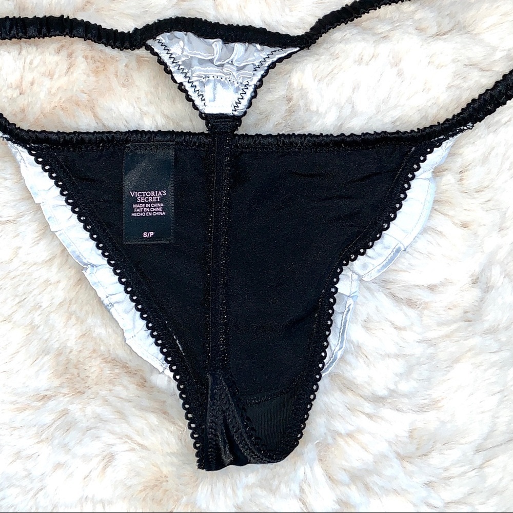Rare Victoria's Secret black satin french maid‎ sexy little thong panty ruffle